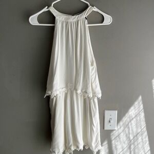 White Romper Halter Neck Sleeveless Distressed Fairy Trim Flowy Casual Summer